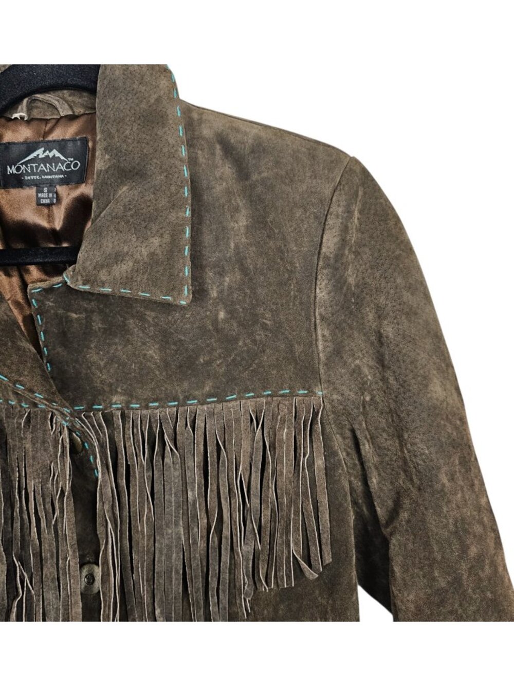 Montanaco Vintage Brown Suede Leather Boho Y2K Western Fringe Stitch Jacket S - Picture 2 of 8